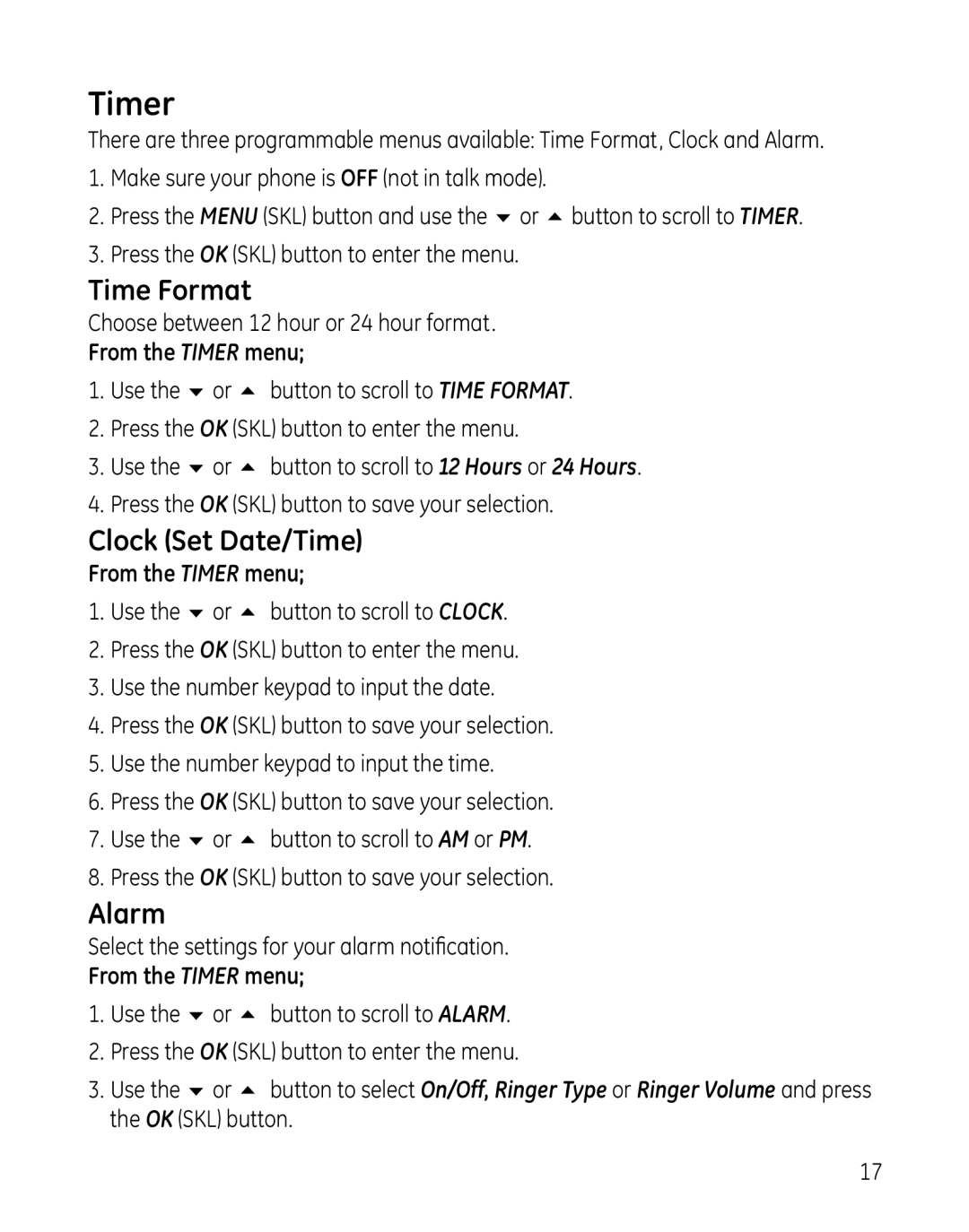 GE 28300 setup guide Time Format, Clock Set Date/Time, Alarm, From the Timer menu 