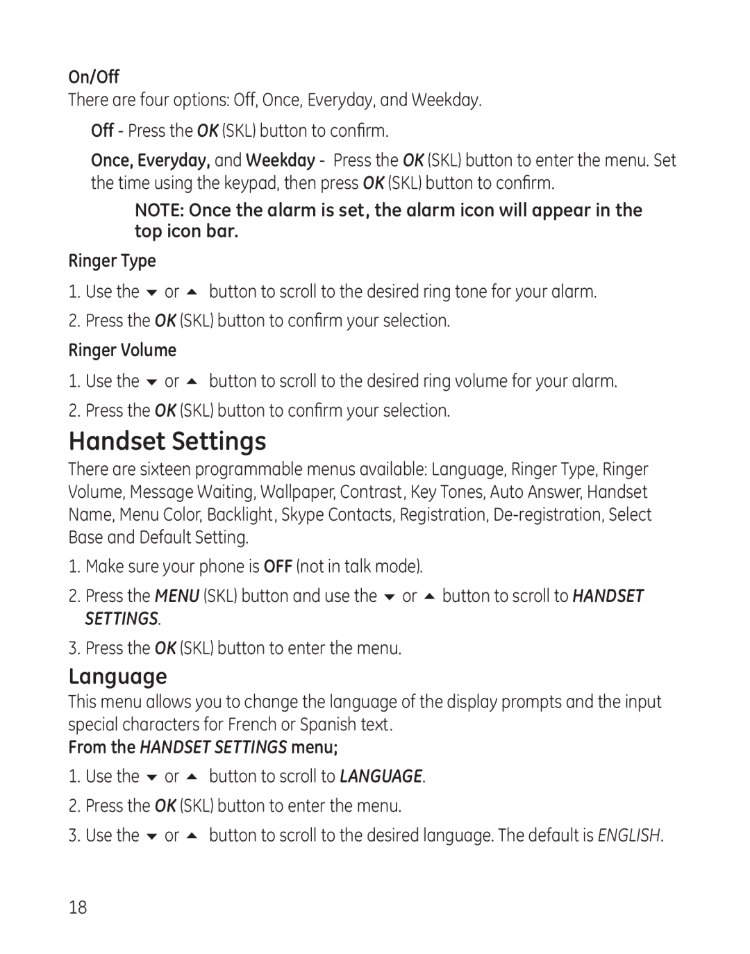 GE 28300 setup guide Handset Settings, Language, On/Off, Ringer Type, Ringer Volume 