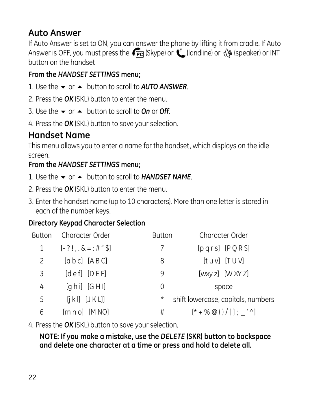 GE 28300 setup guide Auto Answer, Handset Name, Directory Keypad Character Selection 