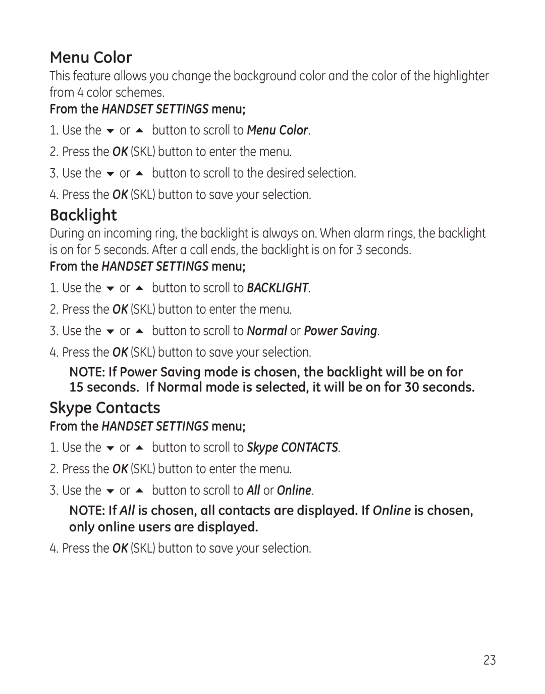 GE 28300 setup guide Menu Color, Backlight, Skype Contacts 