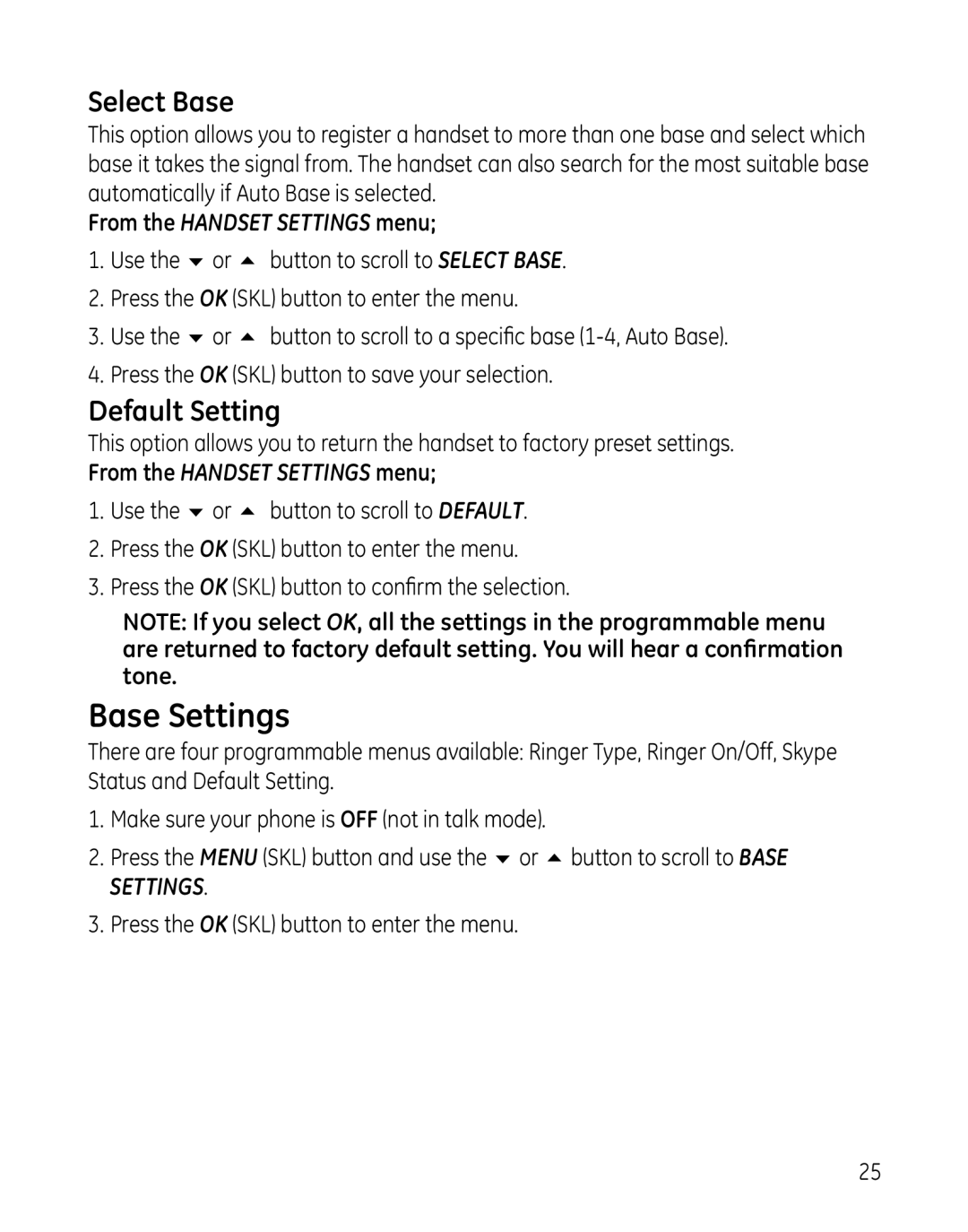 GE 28300 setup guide Base Settings, Select Base, Default Setting 