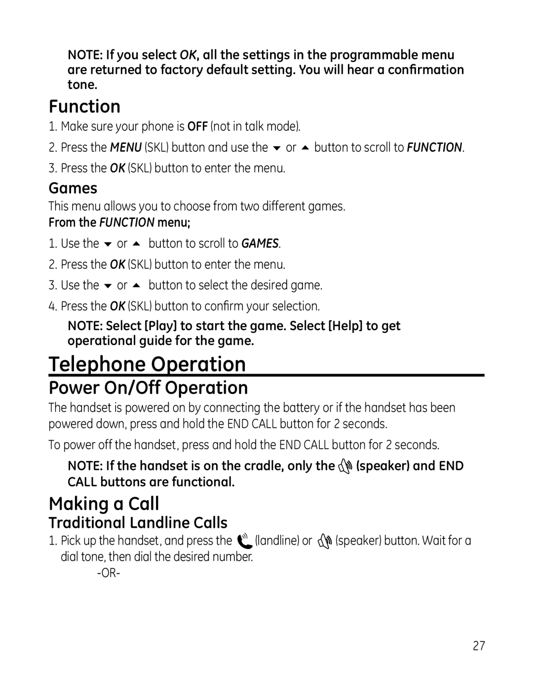 GE 28300 setup guide Telephone Operation, Function, Power On/Off Operation, Making a Call 