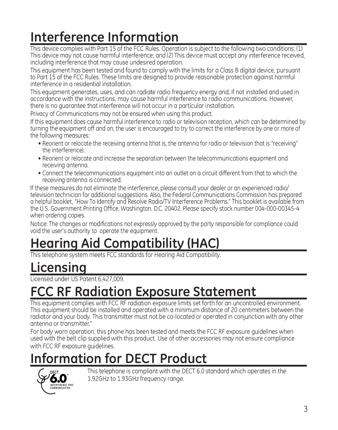 GE 28300 Interference Information, Hearing Aid Compatibility HAC, Licensing, FCC RF Radiation Exposure Statement 