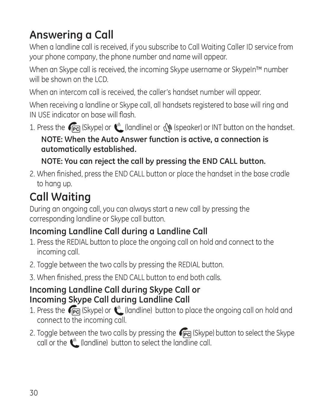 GE 28300 setup guide Answering a Call, Call Waiting 