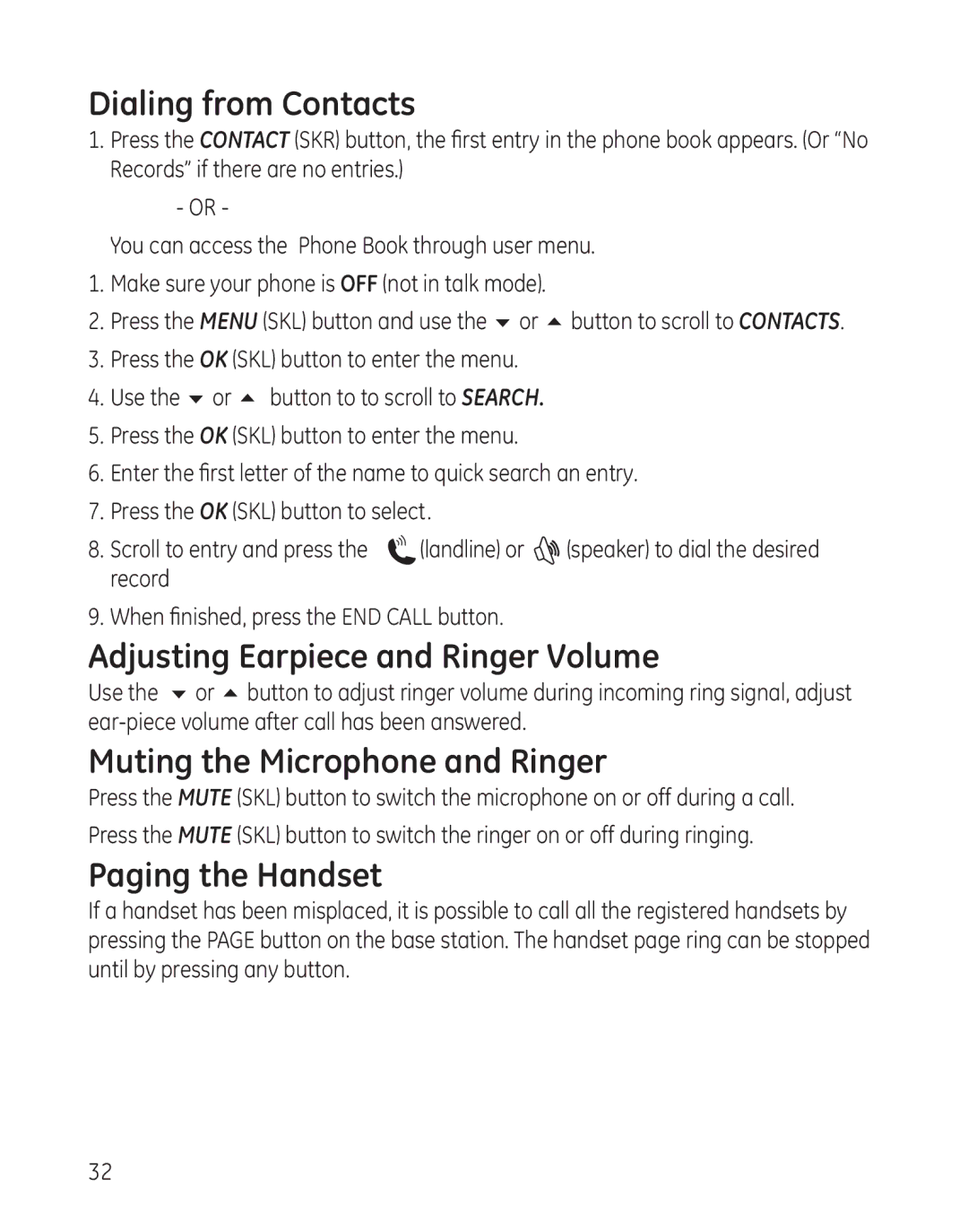 GE 28300 Dialing from Contacts, Adjusting Earpiece and Ringer Volume, Muting the Microphone and Ringer, Paging the Handset 