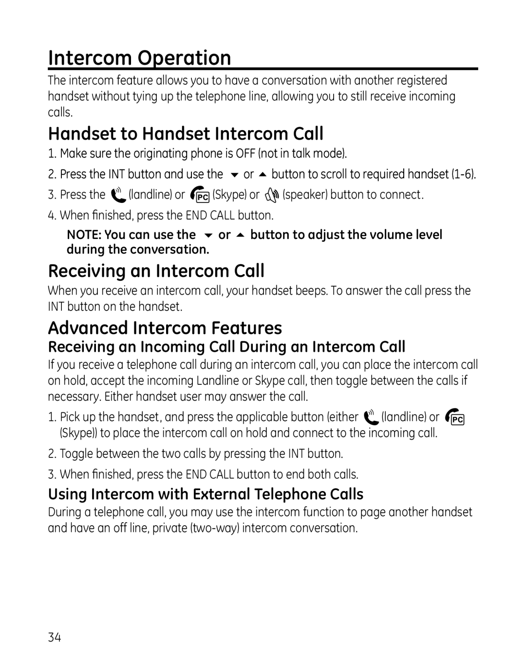 GE 28300 Intercom Operation, Handset to Handset Intercom Call, Receiving an Intercom Call, Advanced Intercom Features 