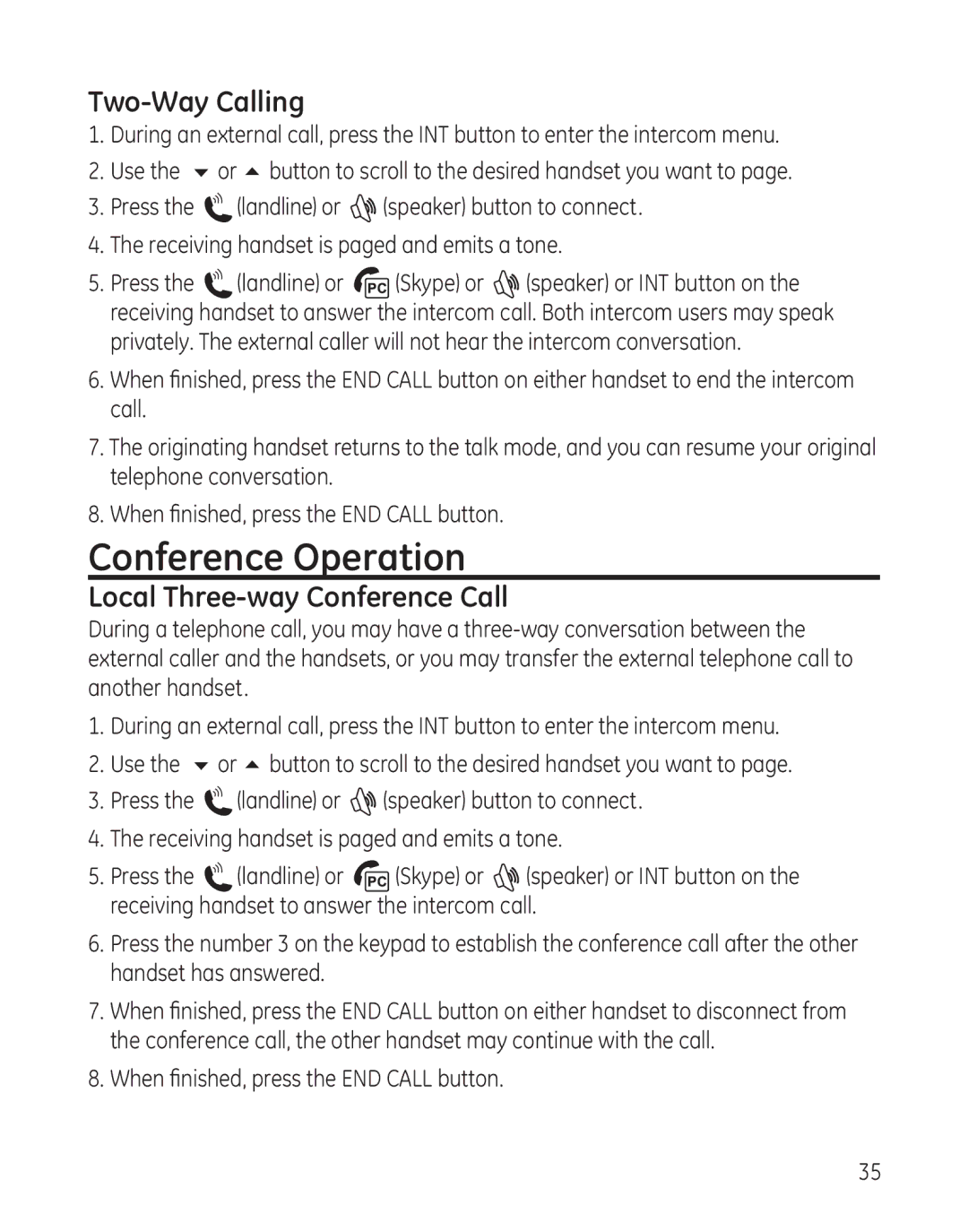 GE 28300 setup guide Conference Operation, Two-Way Calling, Local Three-way Conference Call 