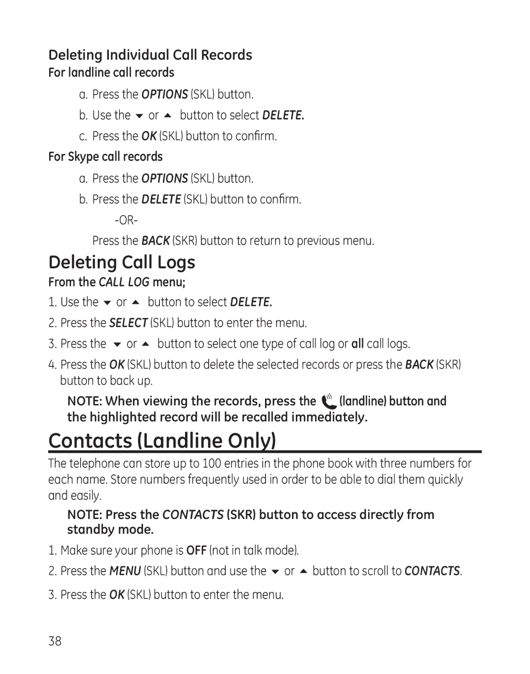 GE 28300 setup guide Contacts Landline Only, Deleting Call Logs, For landline call records, For Skype call records 