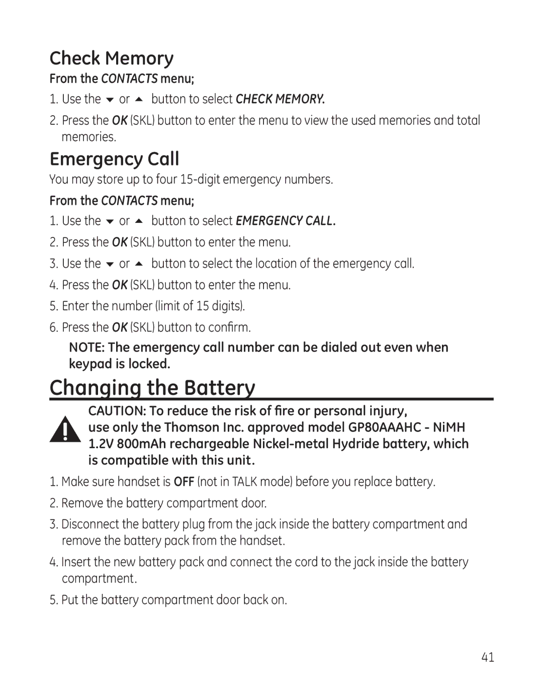 GE 28300 setup guide Changing the Battery, Check Memory, Emergency Call 