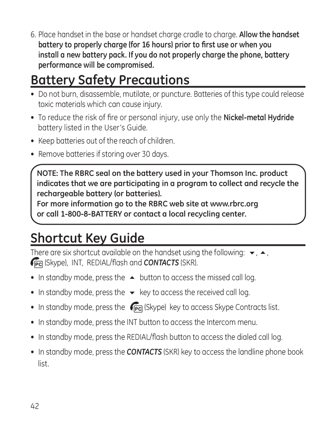 GE 28300 setup guide Battery Safety Precautions, Shortcut Key Guide 