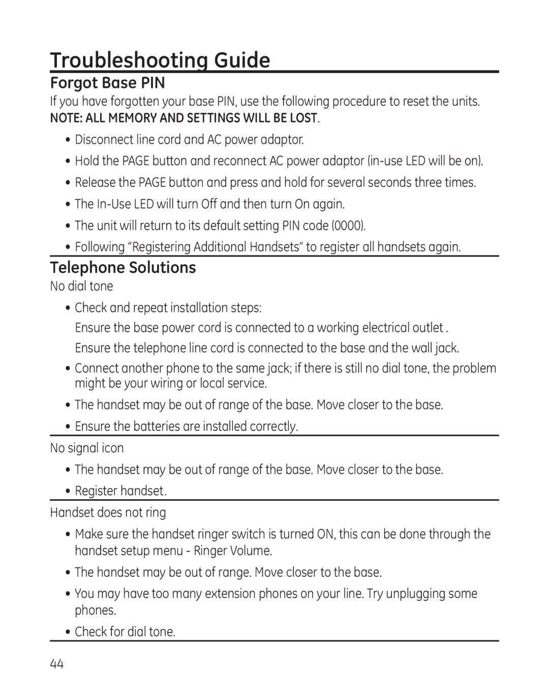 GE 28300 setup guide Troubleshooting Guide, Forgot Base PIN, Telephone Solutions 