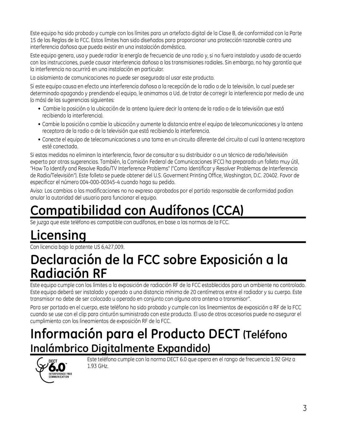 GE 28300 setup guide Compatibilidad con Audífonos CCA, Declaración de la FCC sobre Exposición a la Radiación RF 