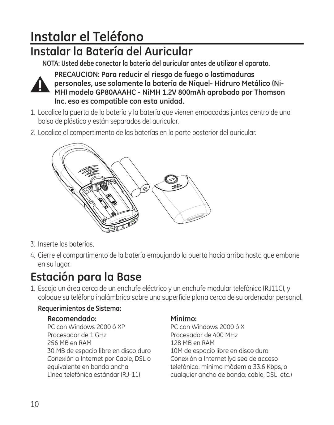 GE 28300 setup guide Instalar el Teléfono, Instalar la Batería del Auricular, Estación para la Base 