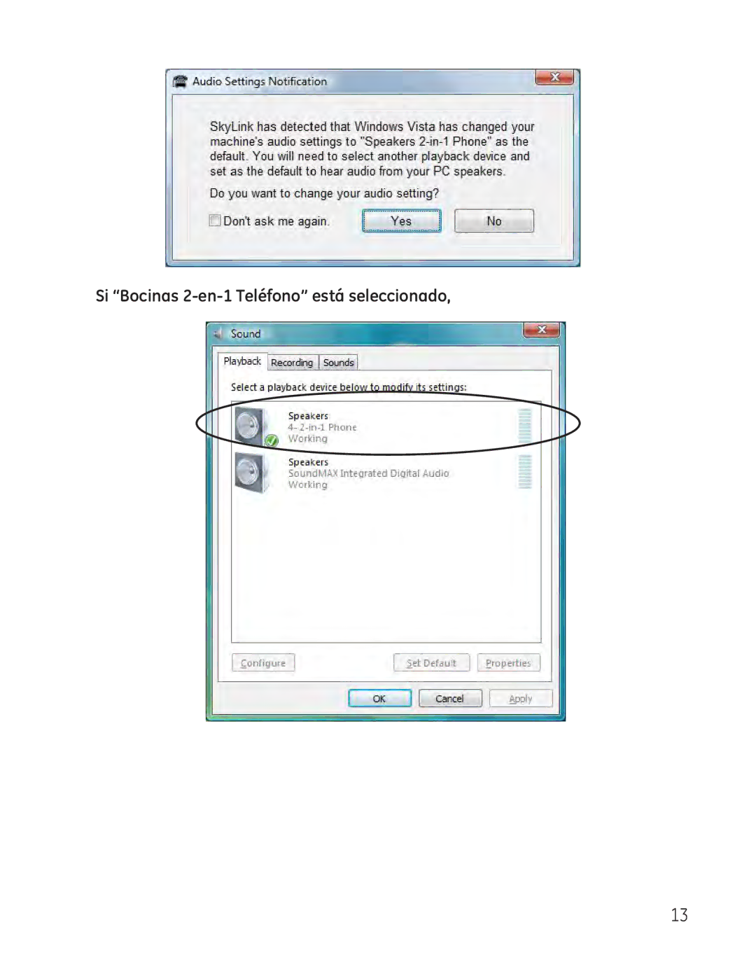 GE 28300 setup guide Si Bocinas 2-en-1 Teléfono está seleccionado 