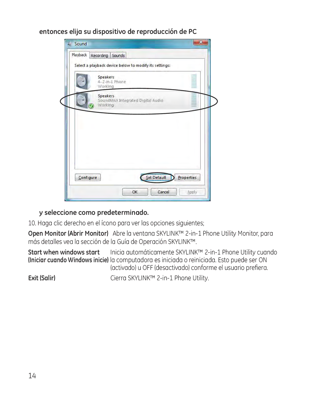 GE 28300 setup guide Exit Salir 