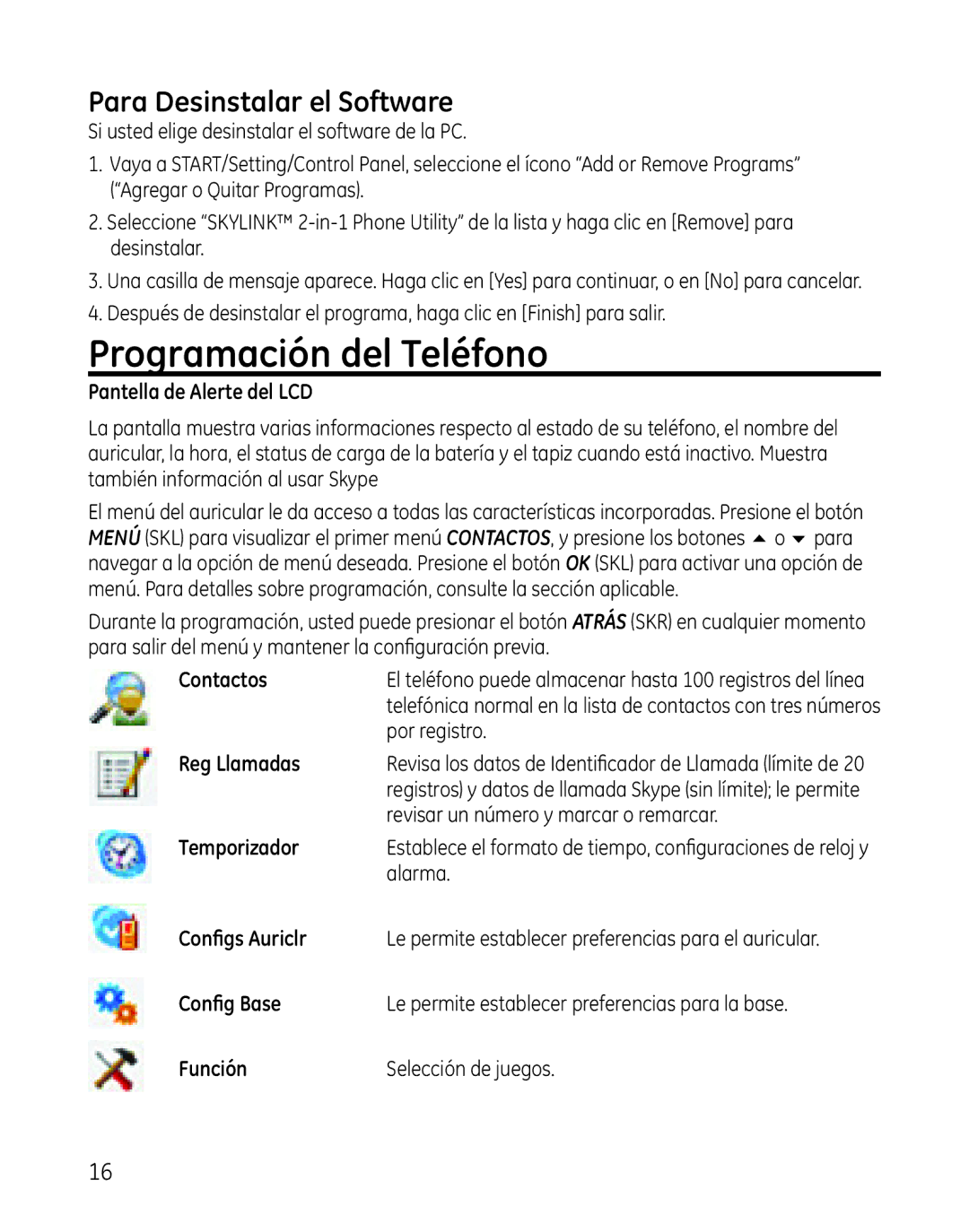 GE 28300 setup guide Programación del Teléfono, Para Desinstalar el Software 