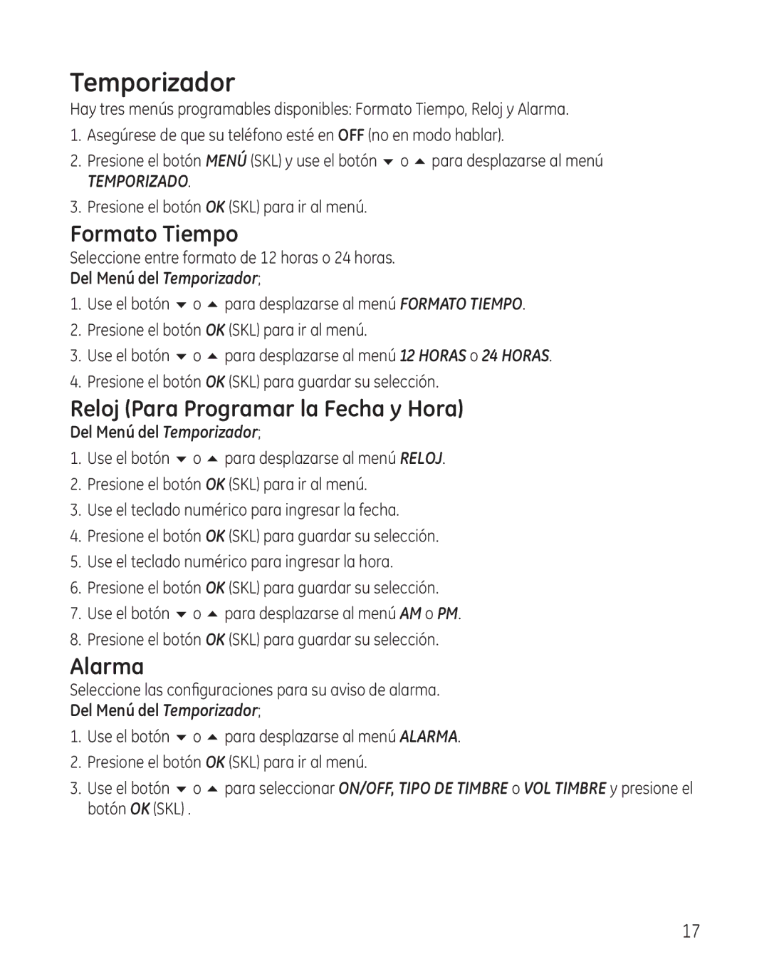 GE 28300 setup guide Formato Tiempo, Reloj Para Programar la Fecha y Hora, Alarma, Del Menú del Temporizador 