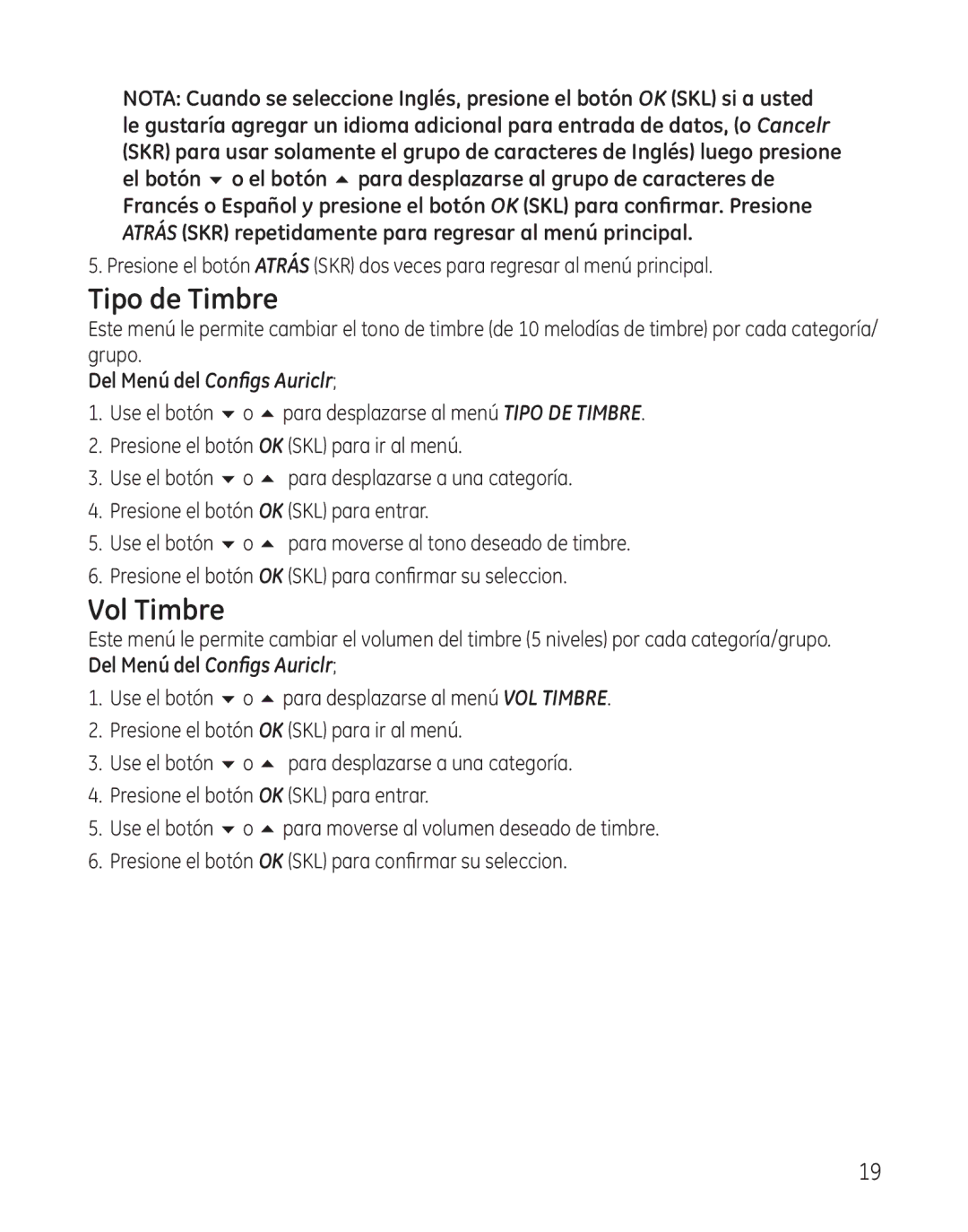 GE 28300 setup guide Tipo de Timbre, Vol Timbre 