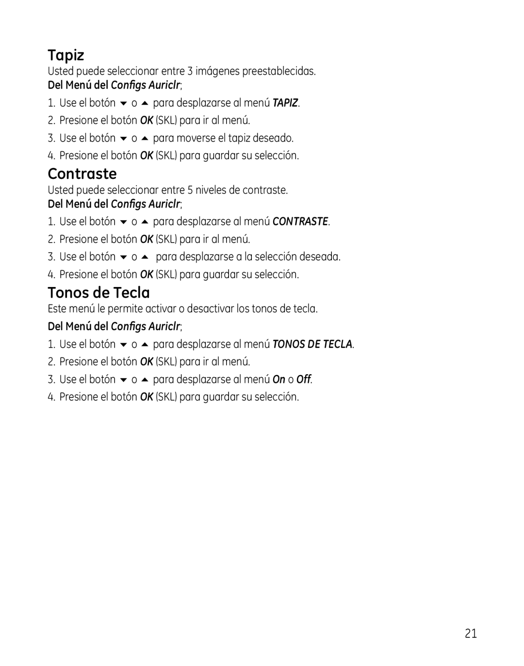 GE 28300 setup guide Tapiz, Contraste, Tonos de Tecla 