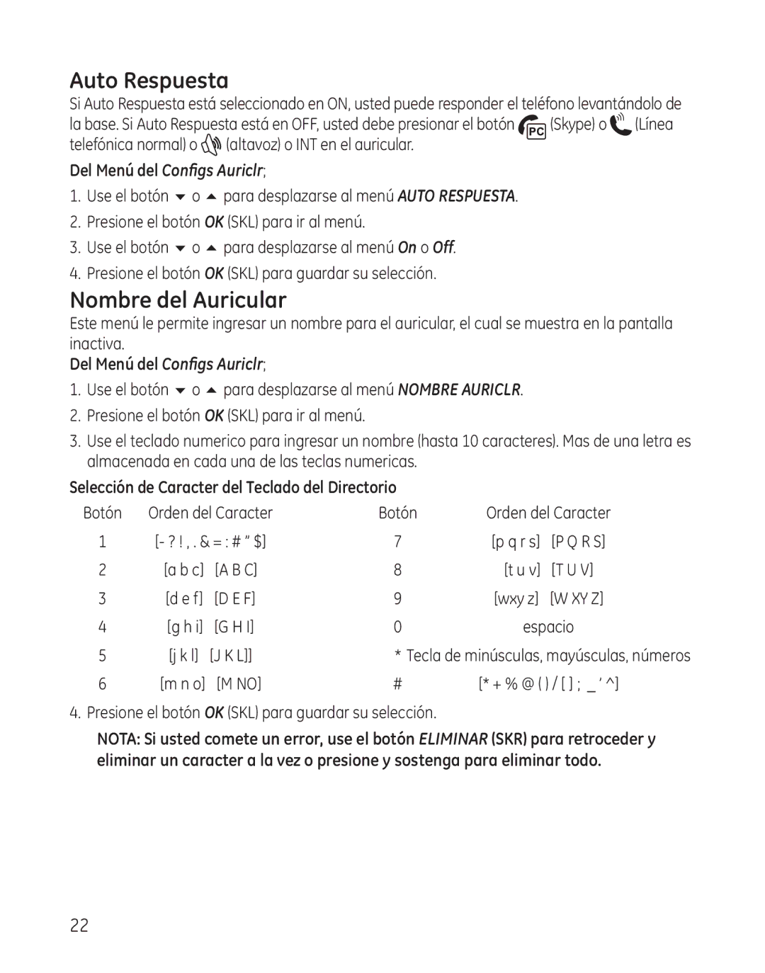 GE 28300 setup guide Auto Respuesta, Nombre del Auricular, Selección de Caracter del Teclado del Directorio 