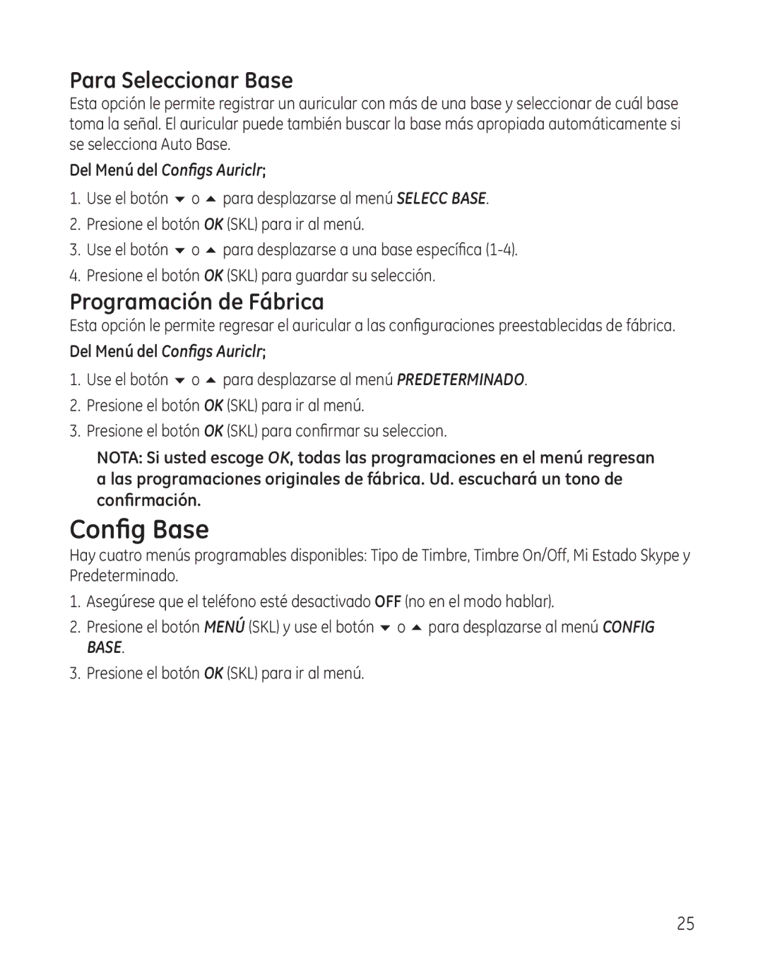 GE 28300 setup guide Config Base, Para Seleccionar Base, Programación de Fábrica 