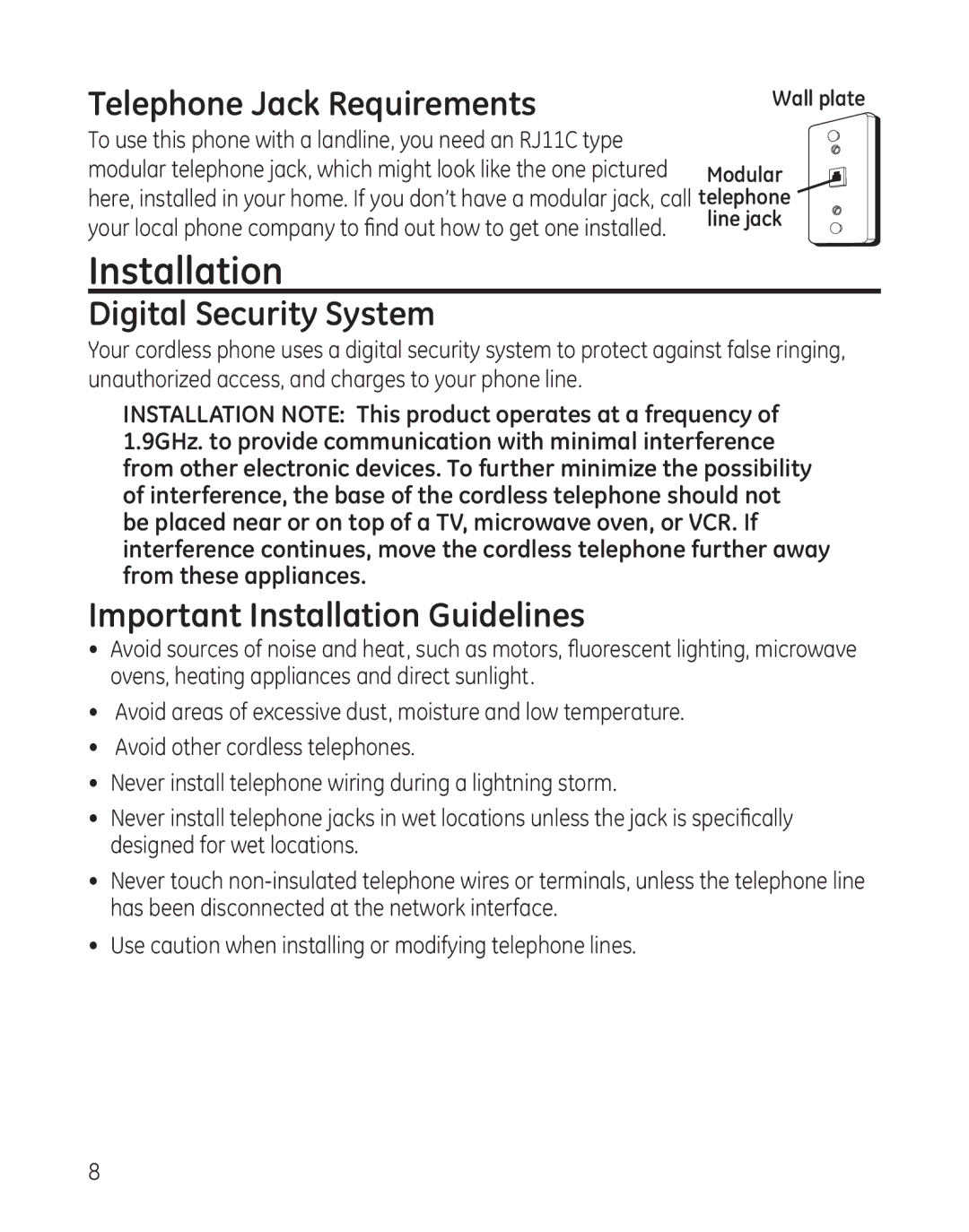 GE 28300 setup guide Telephone Jack Requirements, Digital Security System, Important Installation Guidelines 