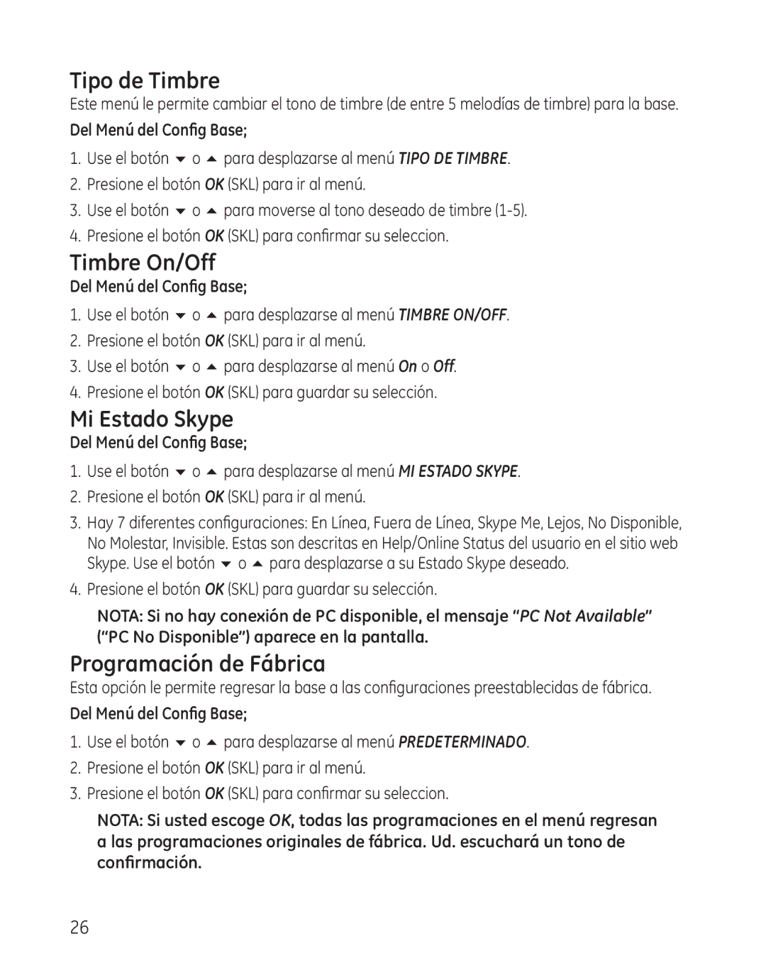 GE 28300 setup guide Timbre On/Off, Mi Estado Skype, Del Menú del Config Base 