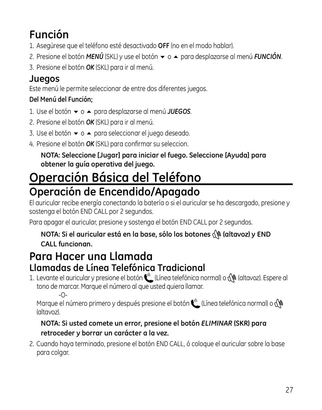 GE 28300 setup guide Operación Básica del Teléfono, Función, Operación de Encendido/Apagado, Para Hacer una Llamada 