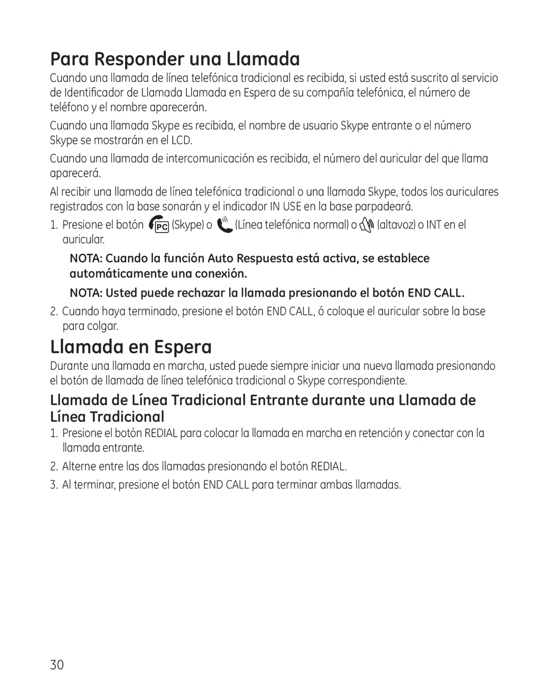 GE 28300 setup guide Para Responder una Llamada, Llamada en Espera 