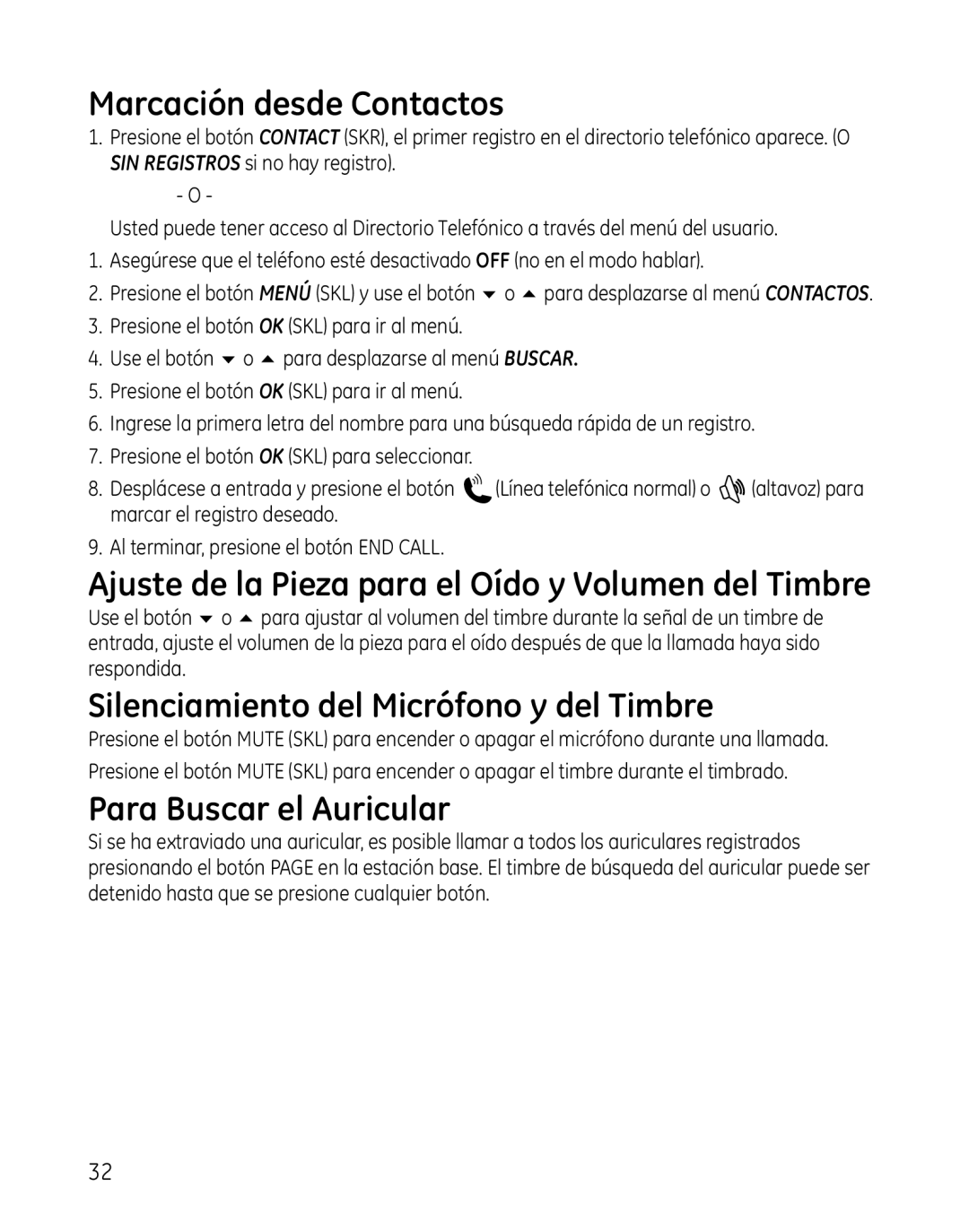 GE 28300 setup guide Marcación desde Contactos, Silenciamiento del Micrófono y del Timbre, Para Buscar el Auricular 