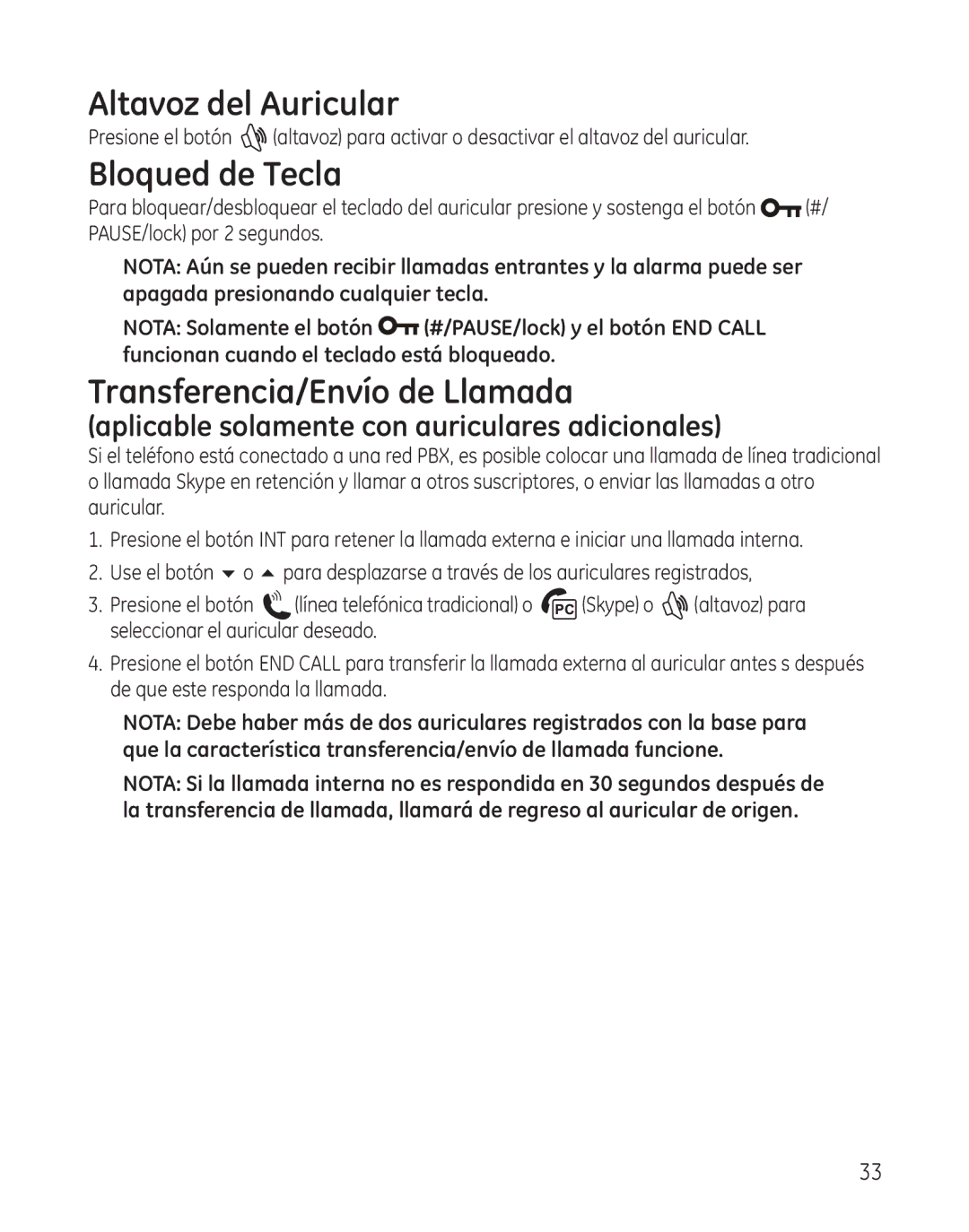 GE 28300 setup guide Altavoz del Auricular, Bloqued de Tecla, Transferencia/Envío de Llamada 