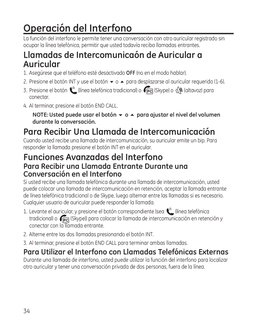 GE 28300 Operación del Interfono, Llamadas de Intercomunicaón de Auricular a Auricular, Funciones Avanzadas del Interfono 