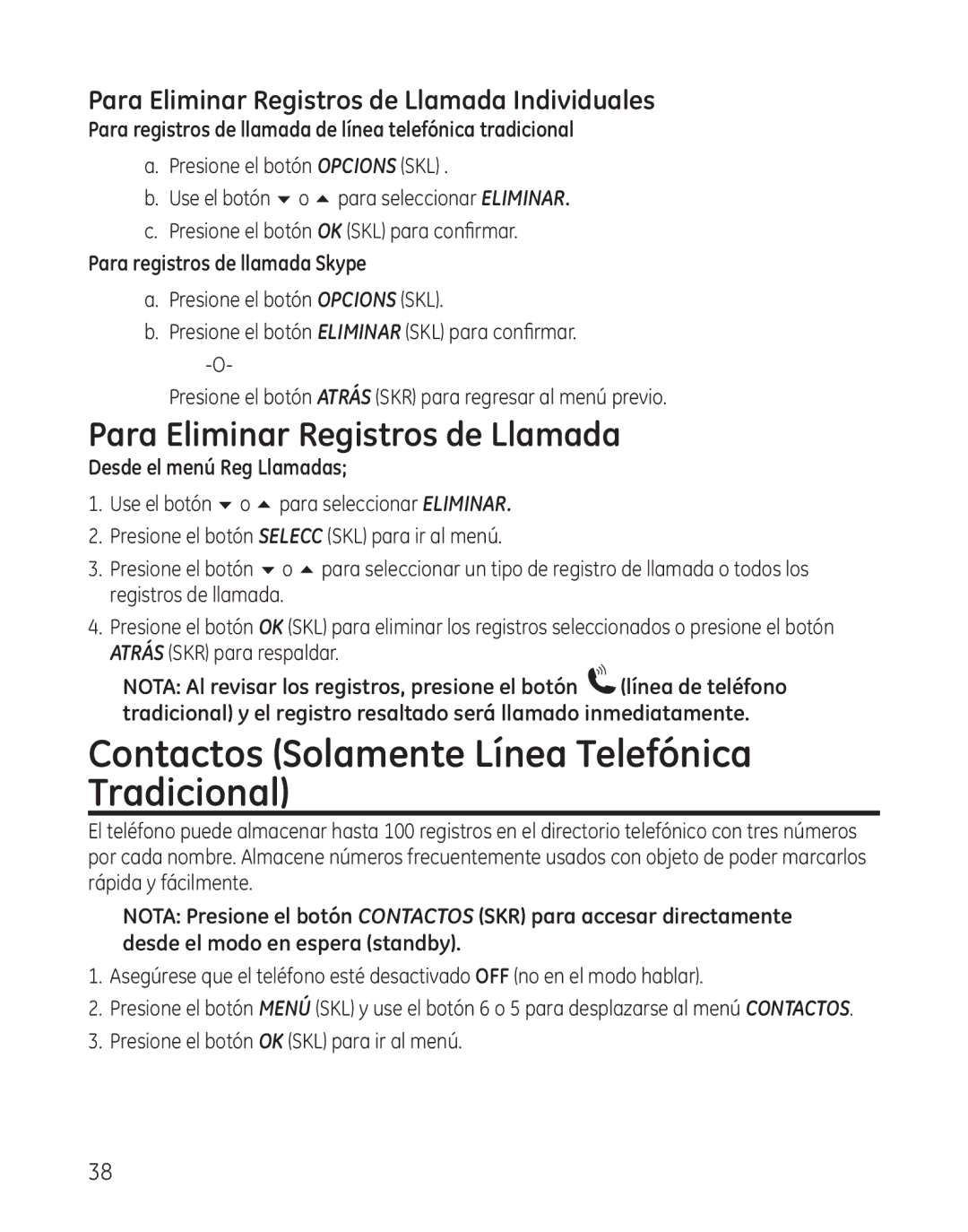 GE 28300 setup guide Contactos Solamente Línea Telefónica Tradicional, Para Eliminar Registros de Llamada 