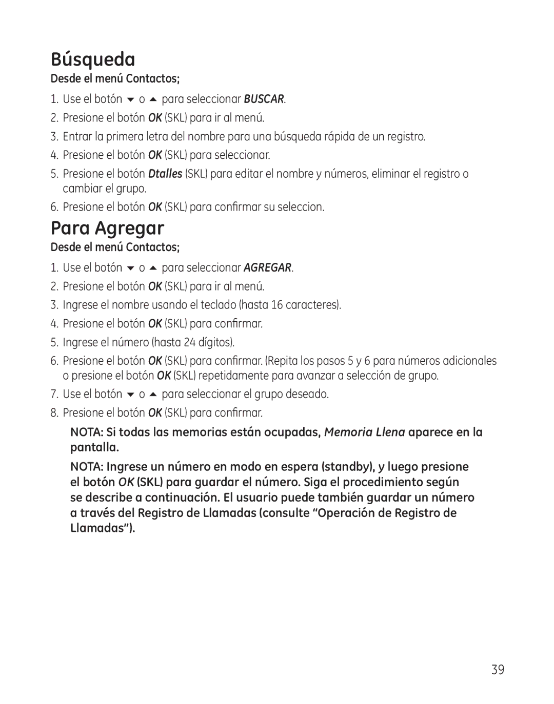 GE 28300 setup guide Búsqueda, Para Agregar, Desde el menú Contactos 