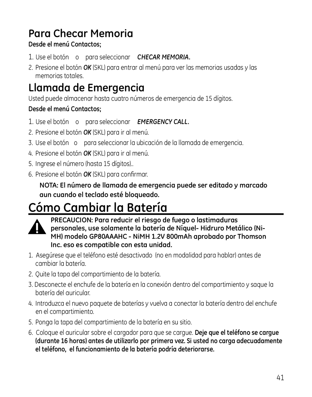 GE 28300 setup guide Cómo Cambiar la Batería, Para Checar Memoria, Llamada de Emergencia 