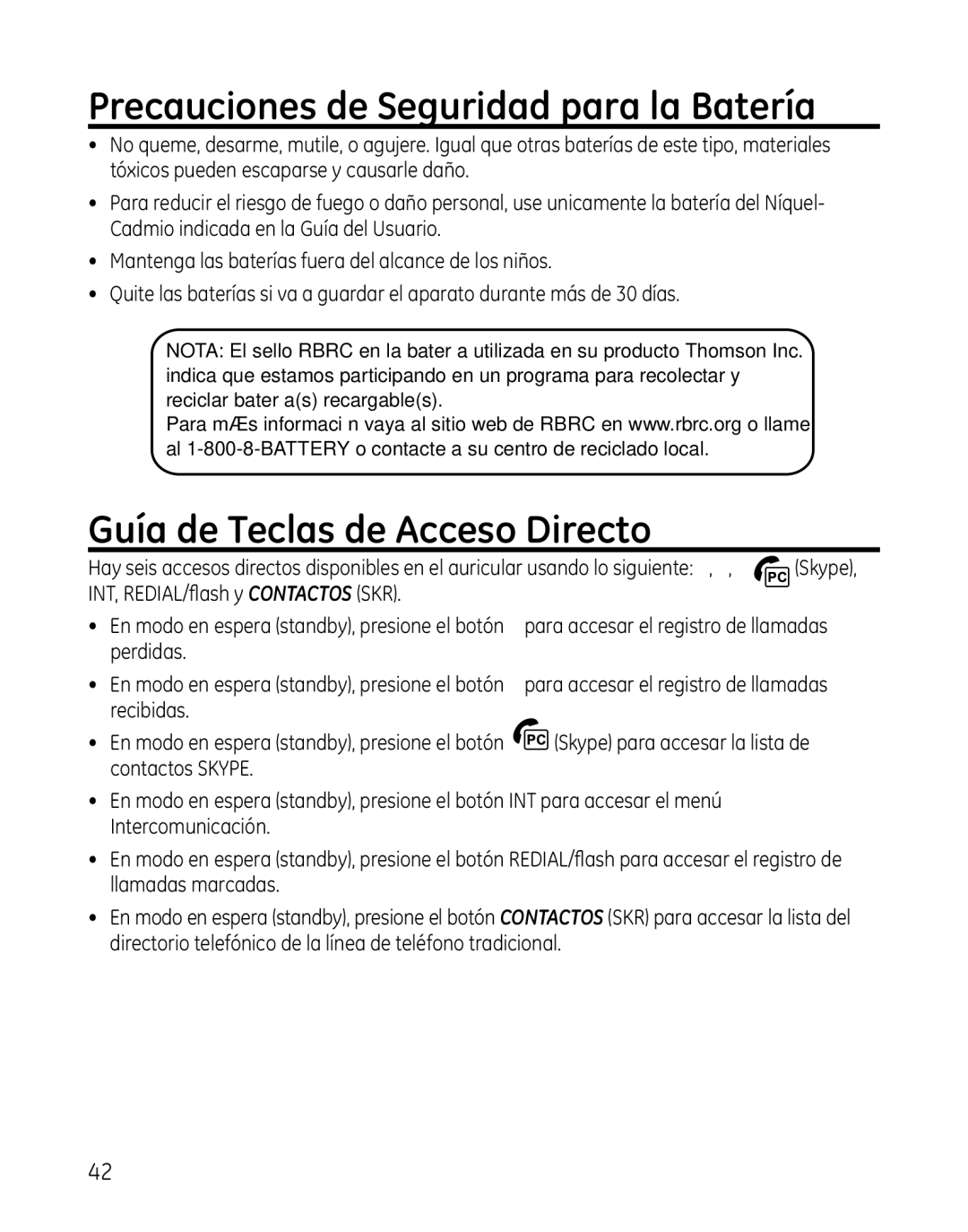 GE 28300 setup guide Precauciones de Seguridad para la Batería, Guía de Teclas de Acceso Directo 