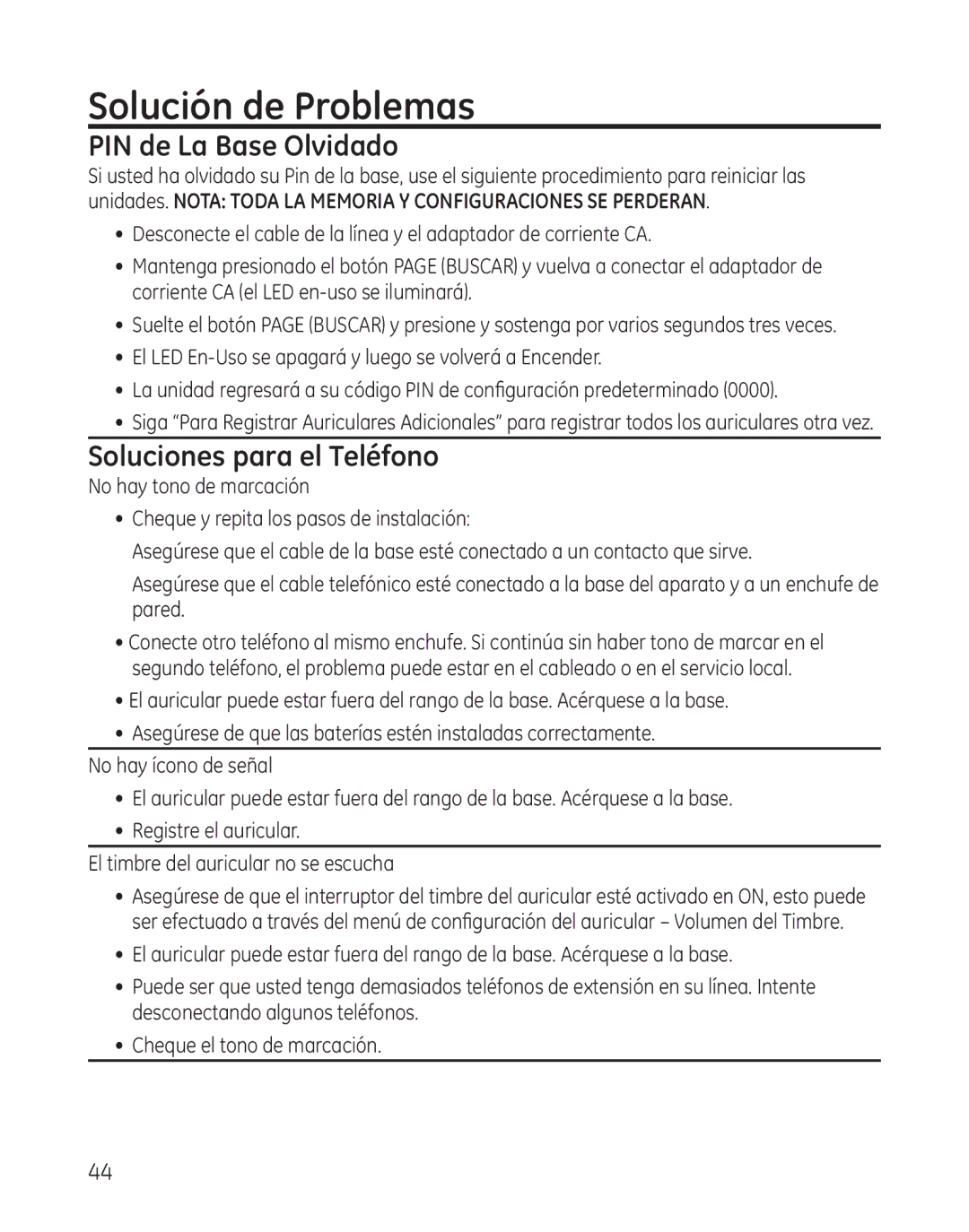 GE 28300 setup guide Solución de Problemas, PIN de La Base Olvidado, Soluciones para el Teléfono 