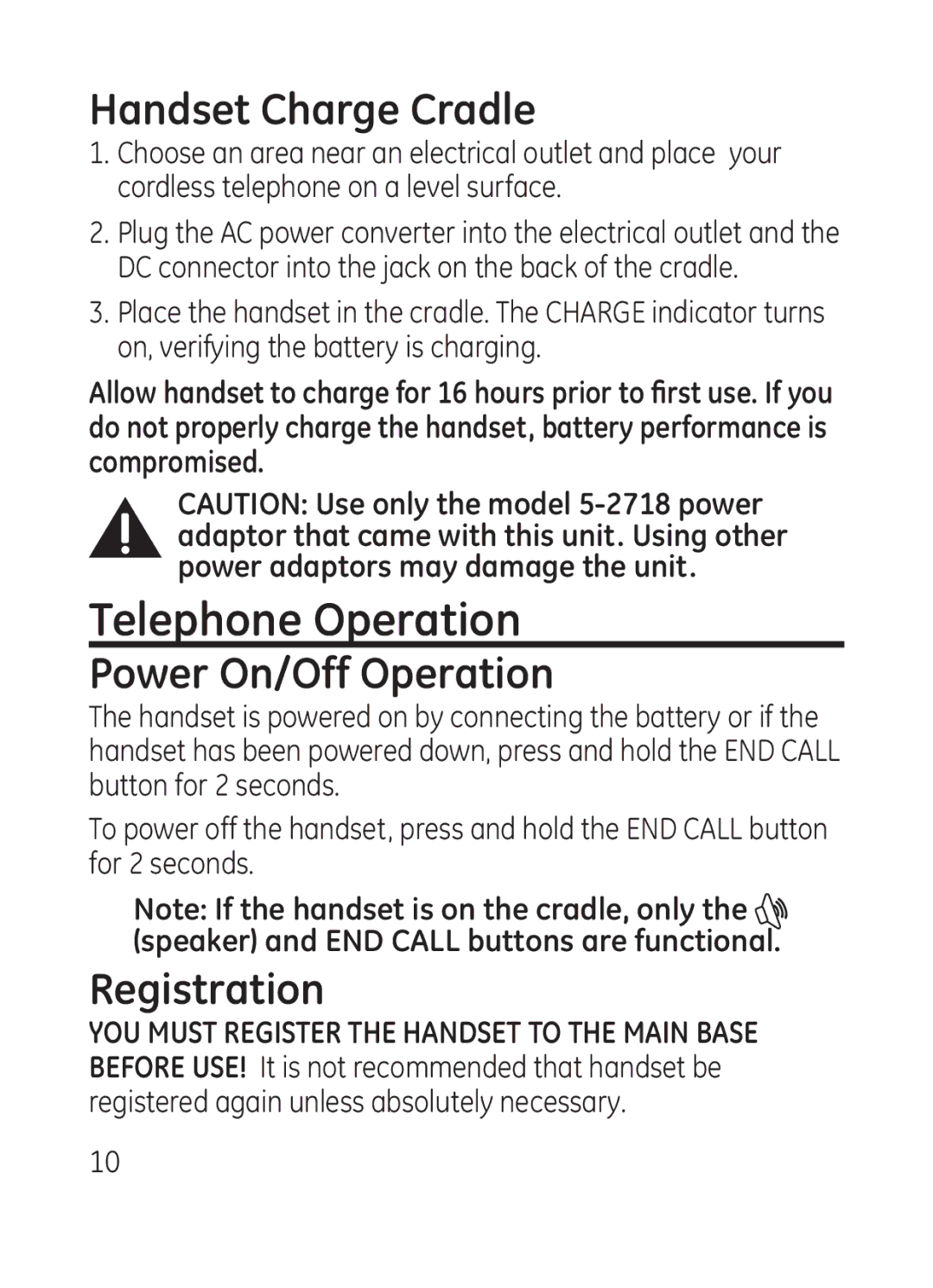 GE 28301 manual Telephone Operation, Handset Charge Cradle, Power On/Off Operation, Registration 