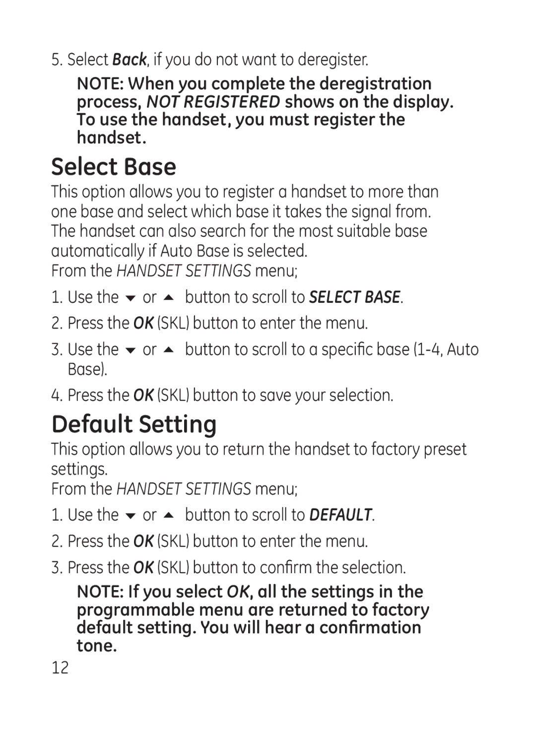 GE 28301 manual Select Base, Default Setting 