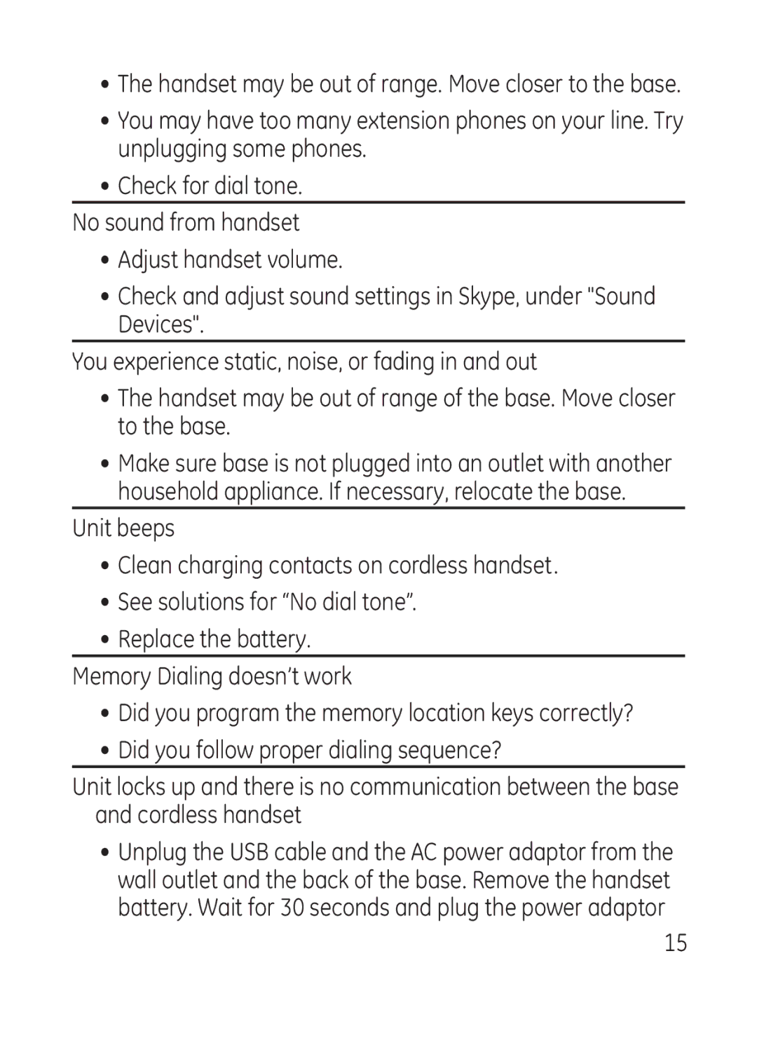 GE 28301 manual Handset may be out of range. Move closer to the base 