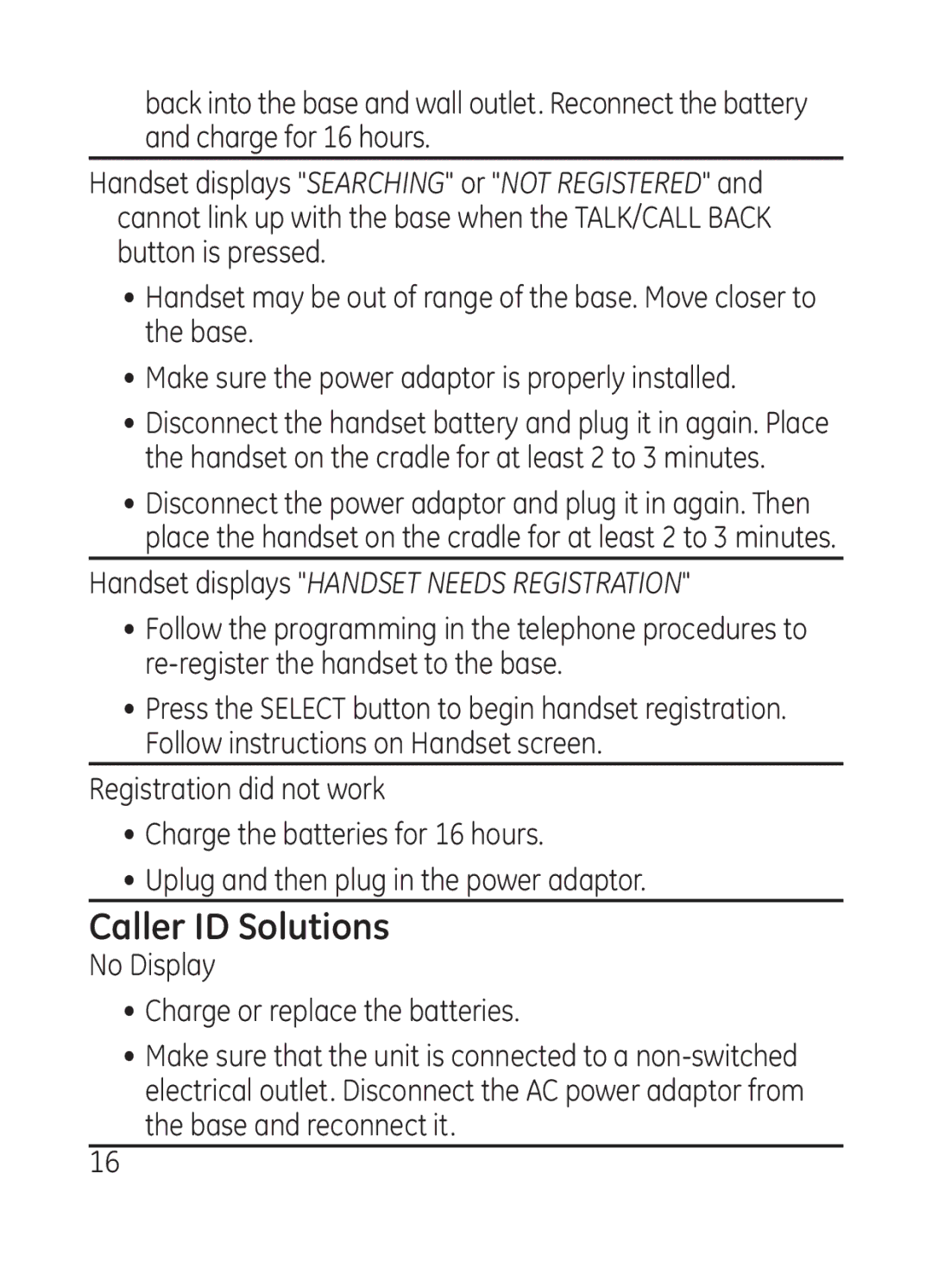 GE 28301 manual Caller ID Solutions, Handset displays Handset Needs Registration 