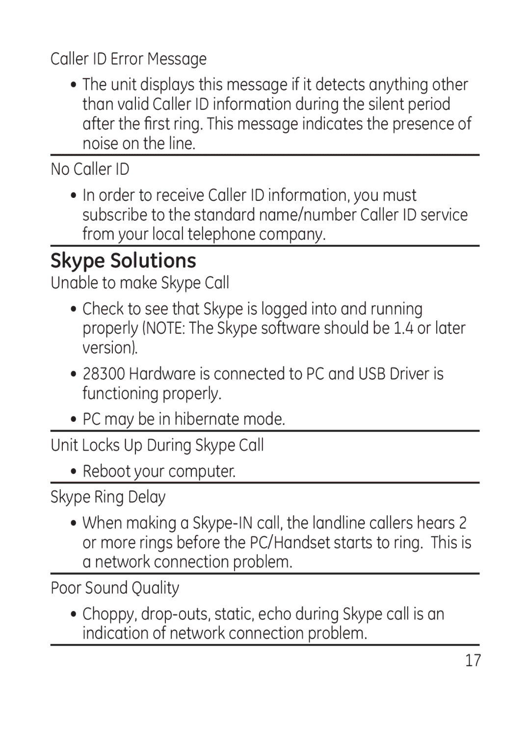 GE 28301 manual Skype Solutions, Caller ID Error Message 