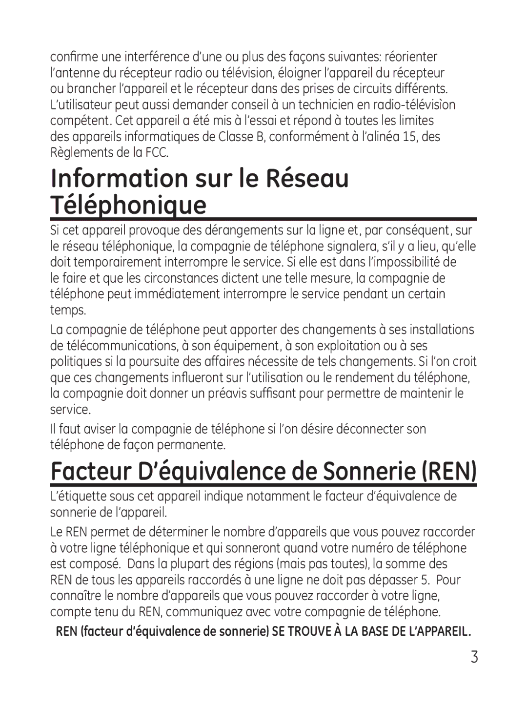 GE 28301 manual Information sur le Réseau Téléphonique, Facteur D’équivalence de Sonnerie REN 