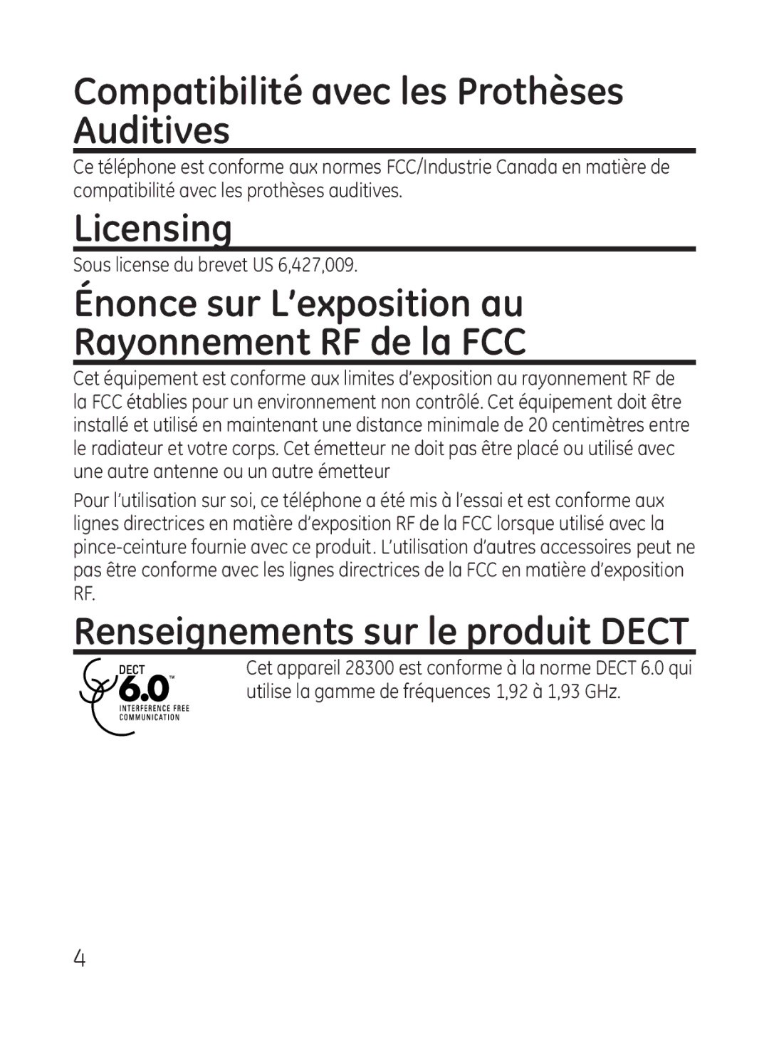 GE 28301 manual Compatibilité avec les Prothèses Auditives, Renseignements sur le produit Dect 