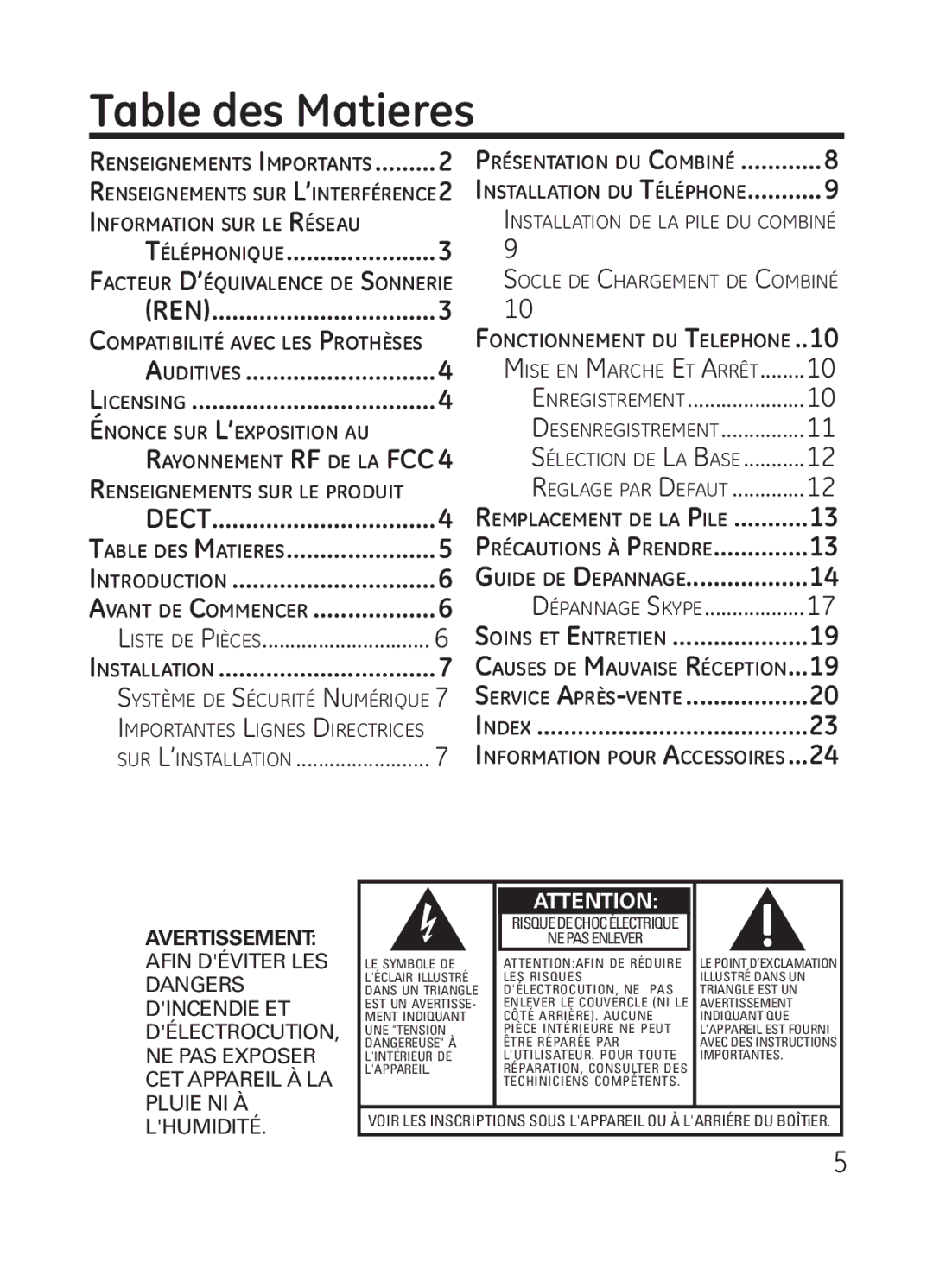 GE 28301 manual Table des Matieres 