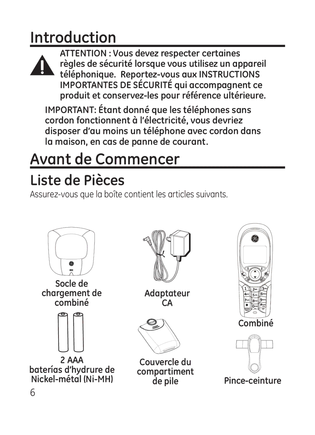 GE 28301 manual Avant de Commencer, Liste de Pièces, Combiné 