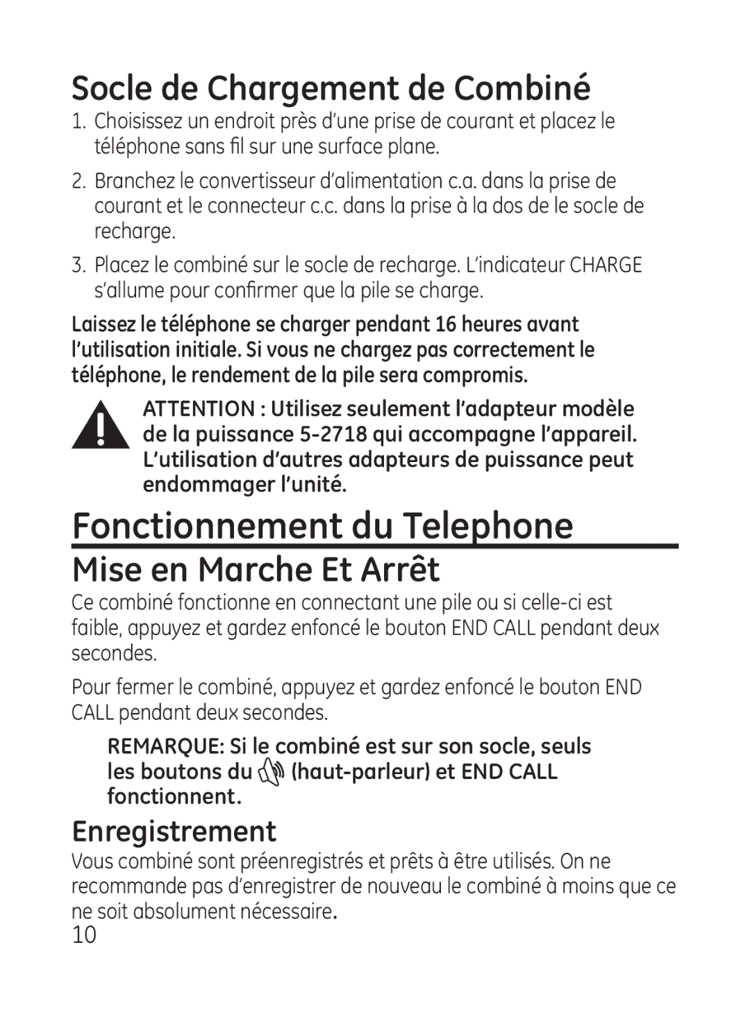 GE 28301 manual Fonctionnement du Telephone, Socle de Chargement de Combiné, Mise en Marche Et Arrêt, Enregistrement 