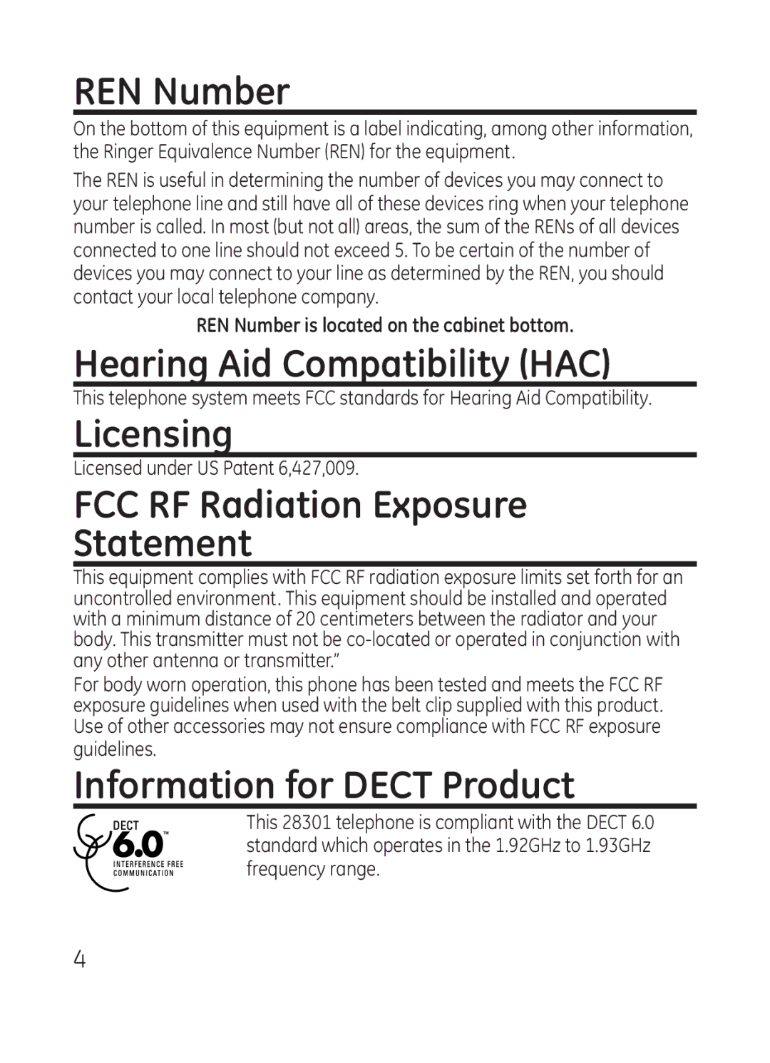 GE 28301 manual REN Number, Hearing Aid Compatibility HAC, Licensing, FCC RF Radiation Exposure Statement 