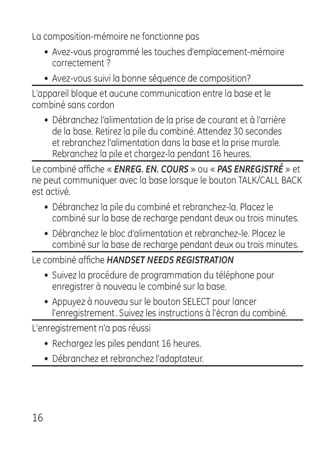 GE 28301 manual Le combiné affiche Handset Needs Registration 