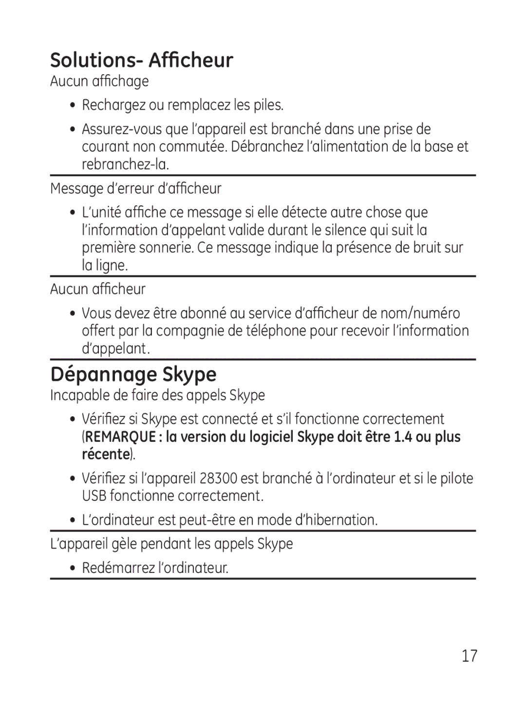 GE 28301 manual Solutions- Afficheur, Dépannage Skype 